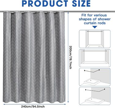 Шторка для душу сіра вологостійка, миється, 180-300 см, широка, 200 см, з малюнком крапель, з вагами, антигрибкова, з поліестеру (H200 x B240 см, 1 шт.)
