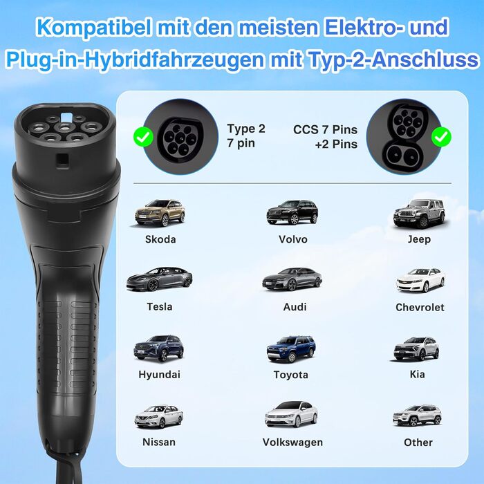 Зарядний кабель Type 2 Schuko 3.68kW 6-16A для електромобіля та PHEV, 7м, LCD дисплей, IP65