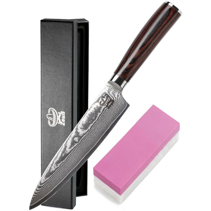 Кухонний ніж Damastmesser XL 32 см, Дамаська сталь 67 шарів, 62 HRC, з бруском для заточування, дерев'яна ручка, подарункова коробка