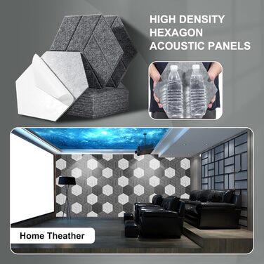 Акустичні гексагональні панелі самоклейні 30x26x0.9 см, звукопоглинаючий акустичний поролон для студії, офісу та геймерської кімнати, темно-сірий (12 шт.)