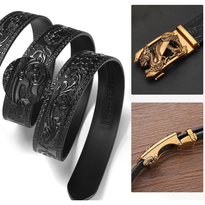Чоловічий шкіряний ремінь з гравіюванням, вінтажний, з логотипом дракона, автоматична застібка, чорний, 122.5 см