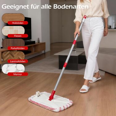 Набір для миття підлоги з відром, вичавлювач для підлоги, набір мопів 2 в 1 з регульованою ручкою з нержавіючої сталі та 6 мікрофібровими насадками, підходить для плитки та ламінату (Wischmopp Groβ)