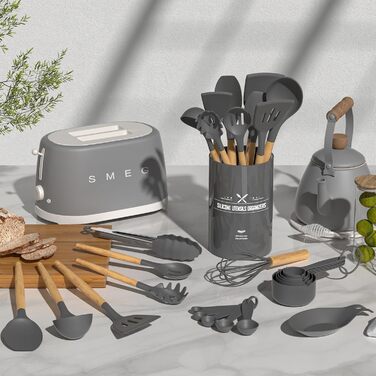 Набір кухонних аксесуарів Umite Chef, 33 шт., антипригарне покриття, силікон, з держателем, сірий