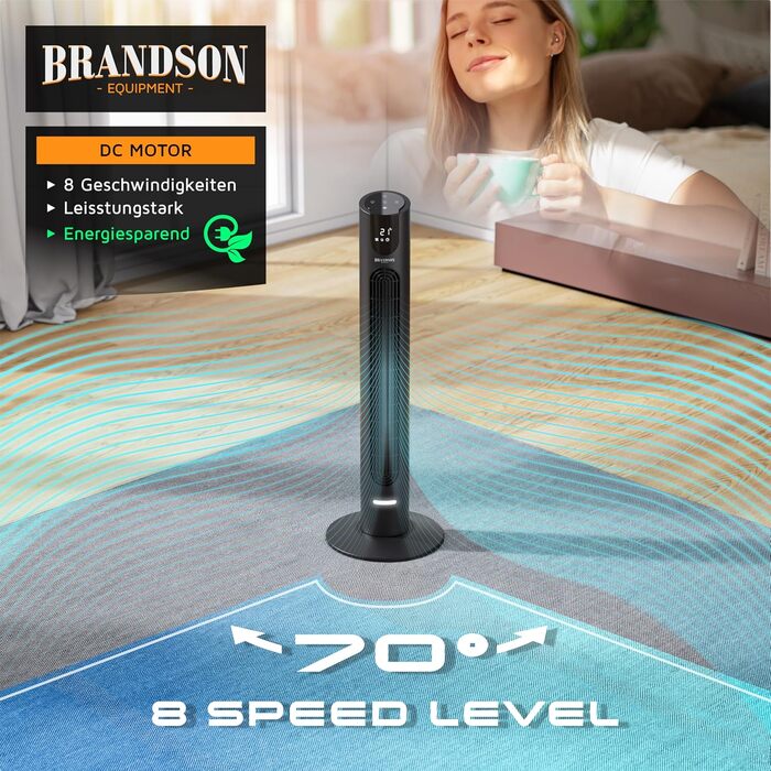 Вентилятор DC Brandson з пультом керування - тихий, 8 швидкостей, Sleep Mode, осциляція, 4 режими, дисплей, енергозберігаючий