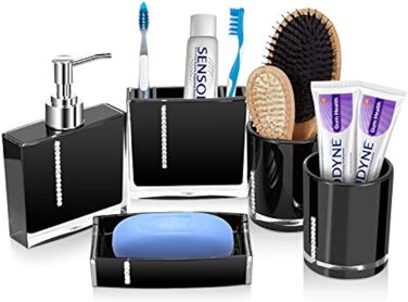 5-Piece Bathroom Accessories Set, Bathroom Dispenser Set includes lotion bottle, toothbrush holder, tray, 2 rinsing cups (black)
