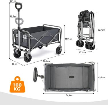 Візок-теліжка Bonllo Bollerwagen складний, 100 кг, Oxford 600D, сірий - для кемпінгу, покупок, саду