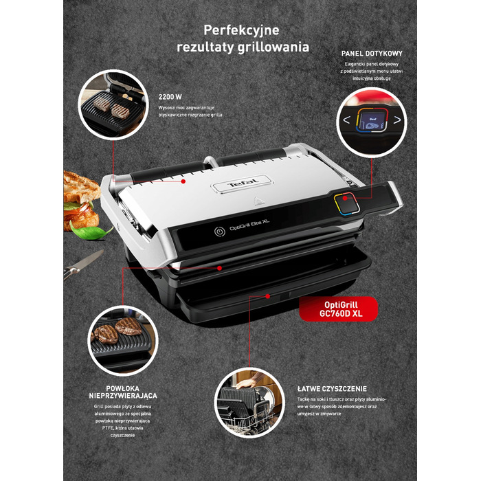 Складаний електричний гриль Tefal Optigrill Elite XL GC760D30, 2200 Вт