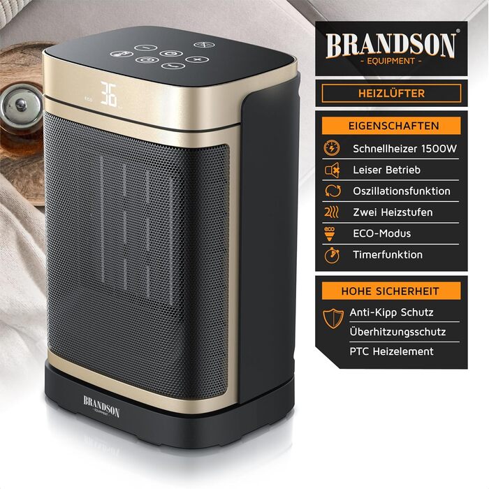 Керамічний обігрівач Brandson з пультом дистанційного керування: тихий, енергоефективний, з осциляцією, дитячим замком та таймером для ванної, вітальні, офісу, дитячої кімнати