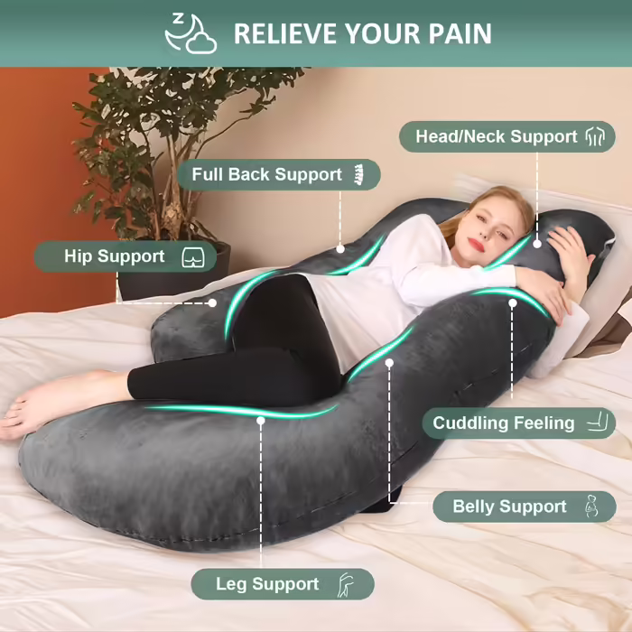 Chilling Home Pregnancy Pillow J Shape, Side Sleeper Pillow with Cover J Pillow Nursing Pillow Large Storage Pillow, Pillow for Women and Side Sleepers (Light Black, Velvet)