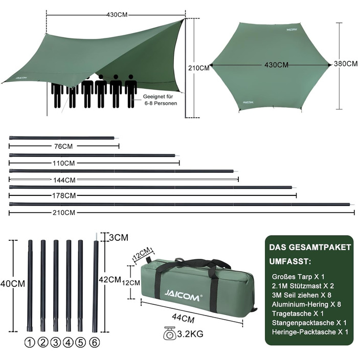 Водонепроникна тента Tarp 3.7 x 4.3 м з підтримкою, ультралегка, з отворами, штирями, нейлоновою мотузкою, захист від УФ та дощу, для наметів, гамаків, подвір'я, сонцезахисту на пляжі (зелена)