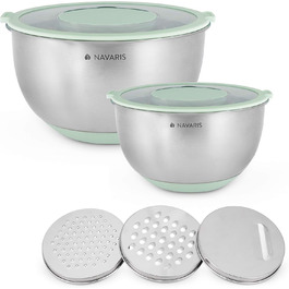 Navaris Stainless Steel Bowl Set with Lid - 2X Mixing Bowls Salad Bowls - Includes 3X Graters - Stainless Steel Bowl Set in Mint Green