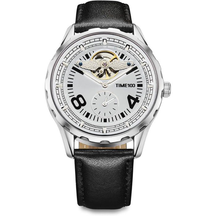 TIME100 Автоматичний годинник для чоловіків: водонепроникний, з підсвічуванням, серія Pilot Angel Wing, бізнес-стиль, скелетний дизайн, шкіряний/силіконовий ремінець, сріблястий колір