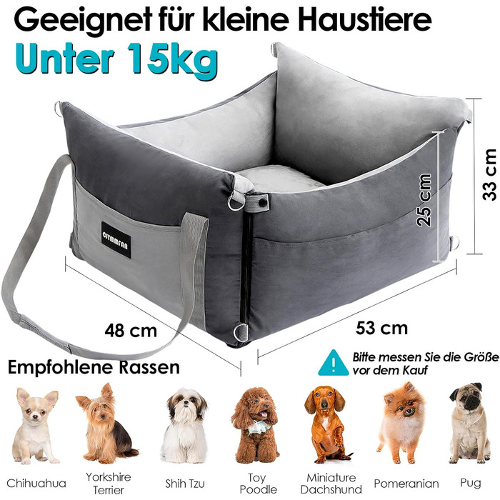 Portable Dog Car Seat for Small & Medium Dogs Under 15KG - Washable & Secure Travel Bed with Storage Pockets