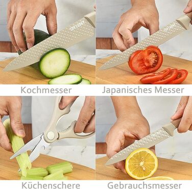 Набір кухонних ножів у блоці, 6 предметів: професійний набір ножів з нержавіючої сталі з ергономічною ручкою, супер гострі, з ножицями, антипригарне покриття, для дому, ресторану, RV (Хакі)