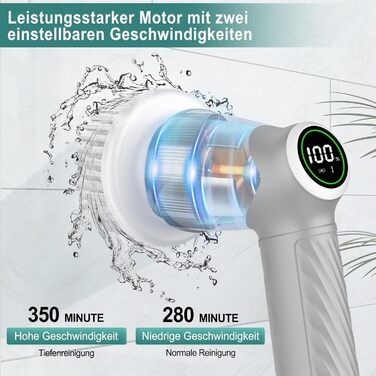 Електрична щітка для прибирання 7 в 1 з регульованою ручкою, змінними насадками, 2 швидкості, для ванни, плитки, IPX7, білий/сірий колір