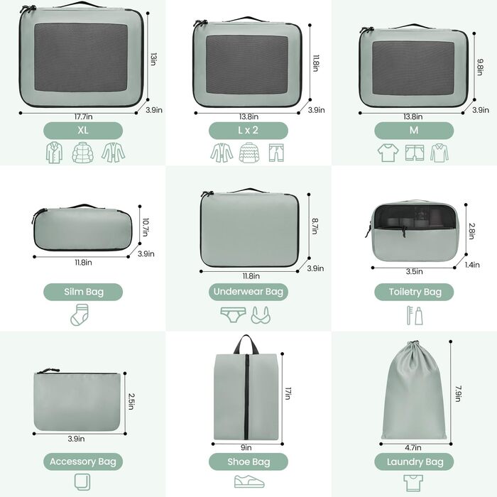 Органайзери для валіз Prezon, набір 10 шт., зелені