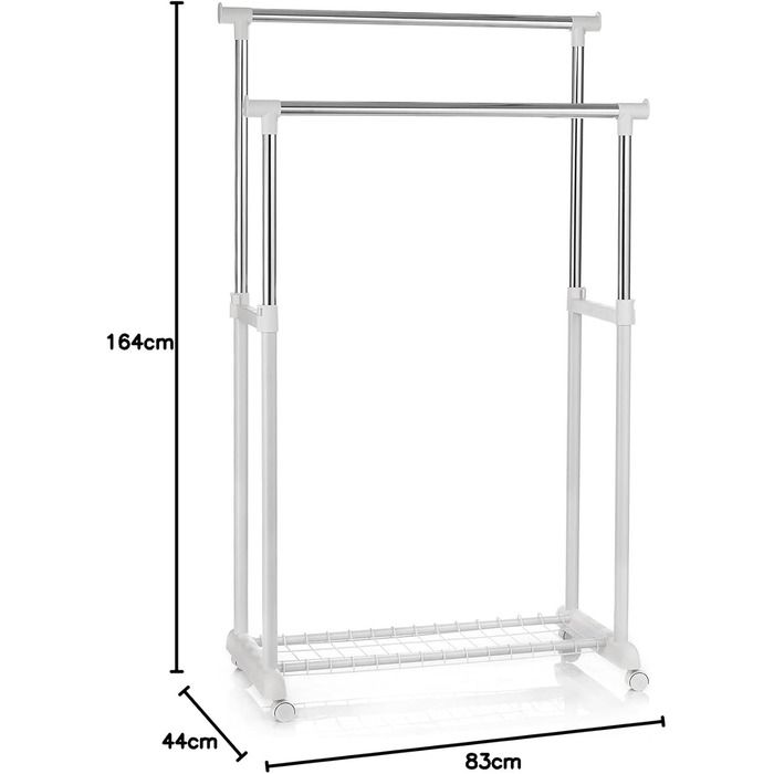 IDIMEX Wardrobe Trolley Grosso Clothes Rack Rolling Wardrobe Clothes Stand, with Shoe Shelf, 2 Clothes Rails, Height Adjustable, Chrome-Plated Metal Tube, in White