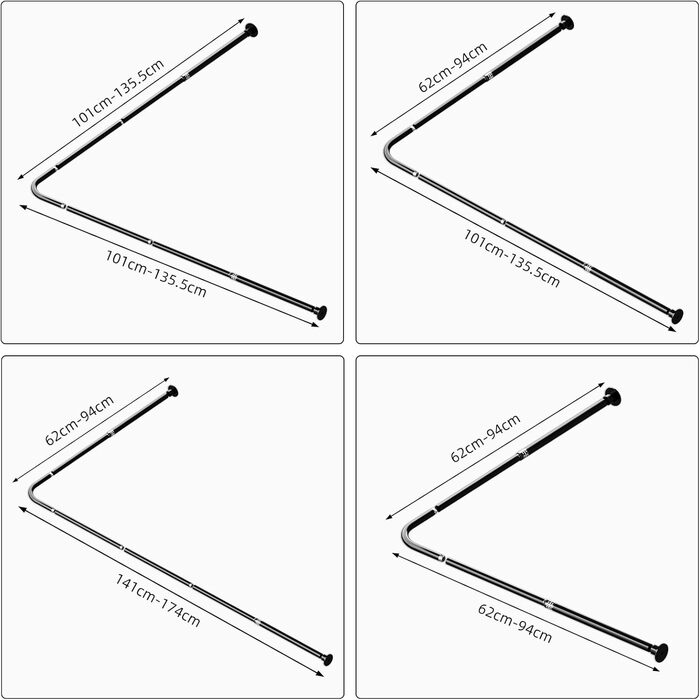 Штанга для душу L-подібної форми, розсувна, 62–94 x 141–174 см, з 16 кільцями, для ванни/душу, чорний нержавіючий сталь
