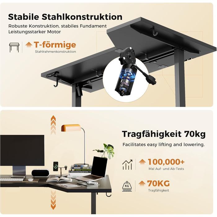 Електричний столик Agilestic L-подібної форми 150 см, регульований по висоті, для дому та офісу, ергономічний комп'ютерний стіл зі з'єднувальною панеллю, чорний, 150 x 90 см