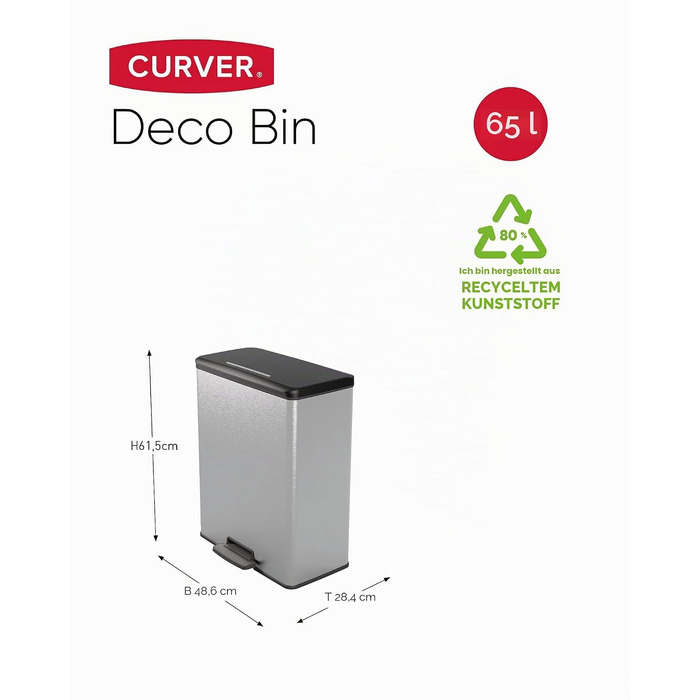 Сміттєвий кошик Curver Deco Bin, пластиковий, сріблястий металік, 65 л