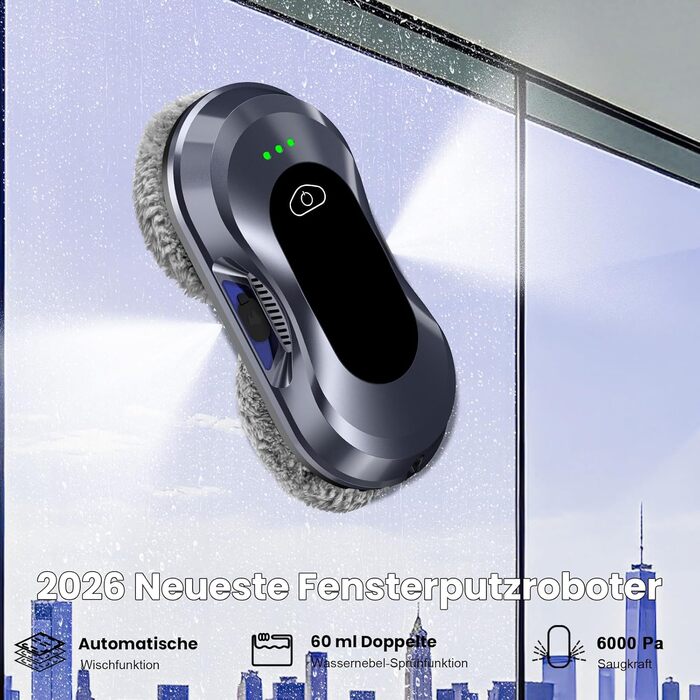 Робот для миття вікон Fensterputzroboter 6000Pa, електричний, з подвійною спіраллю, 3 режими, інтелектуальна навігація, розпізнавання країв, 10 серветок