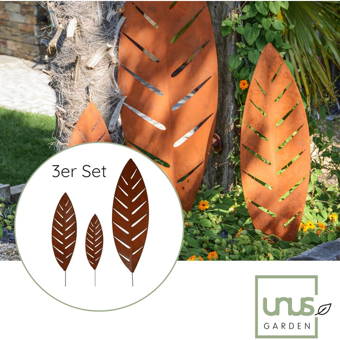 UNUS Garden Stakes Palm Leaf, Set of 3, Garden Decoration with Rust-Look, Decoration Leaf made of Weatherproof Stainless Steel for Garden, Balcony, Terrace or Flower Pot