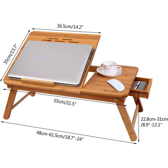 Столик для ноутбука Bathwa з бамбука, регульований, складаний, з ящиком (55 x 35 x 29 см)