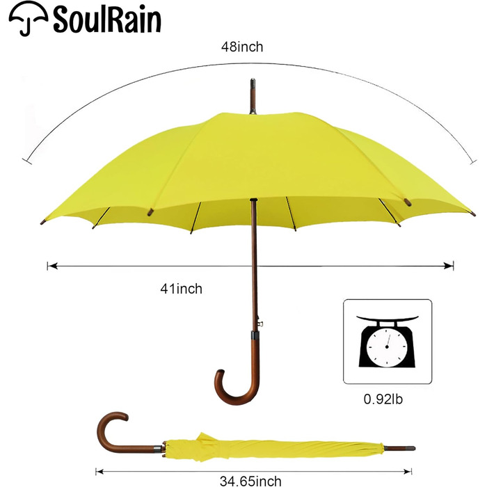 SoulRain Парасолька з класичною дерев'яною ручкою, автоматичне відкриття, вітростійка, прозора, незламна, 121.9 см (Жовта)