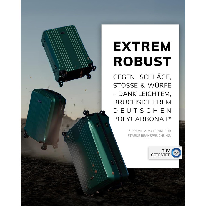 Набір валіз FERGÉ 3 шт. з жорстким корпусом, TSA-замком, Канни. Валіза-тролей, набір (Ручна поклажа, L, XL). 3 шт. валізи з жорсткого корпусу, роликові валізи, 4 м'яких роликів - дуже міцний валіза з полікарбонату. Колір: смарагдовий