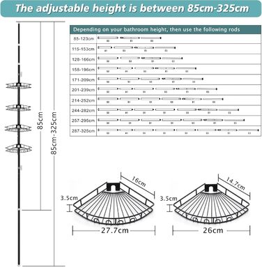 Hoomtaook Telescopic Shower Shelf, Shower Caddy Without Drilling Corner Stainless Steel Corner Shelf with 4 Shower Baskets, Telescopic Bathroom Shelf Height Adjustable 85-325cm for Bathroom and Kitchen, Black
