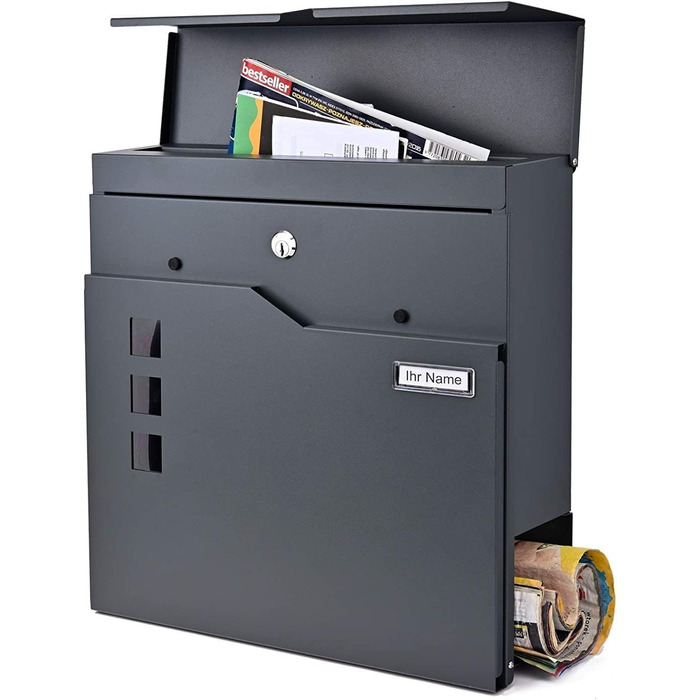 Поштова скринька Verda Anthrazit з газетницею, порошкове покриття AkzoNobel, 2 ключі, табличка з іменем, дизайнерська настінна поштова скринька з нержавіючої сталі SN3678-1