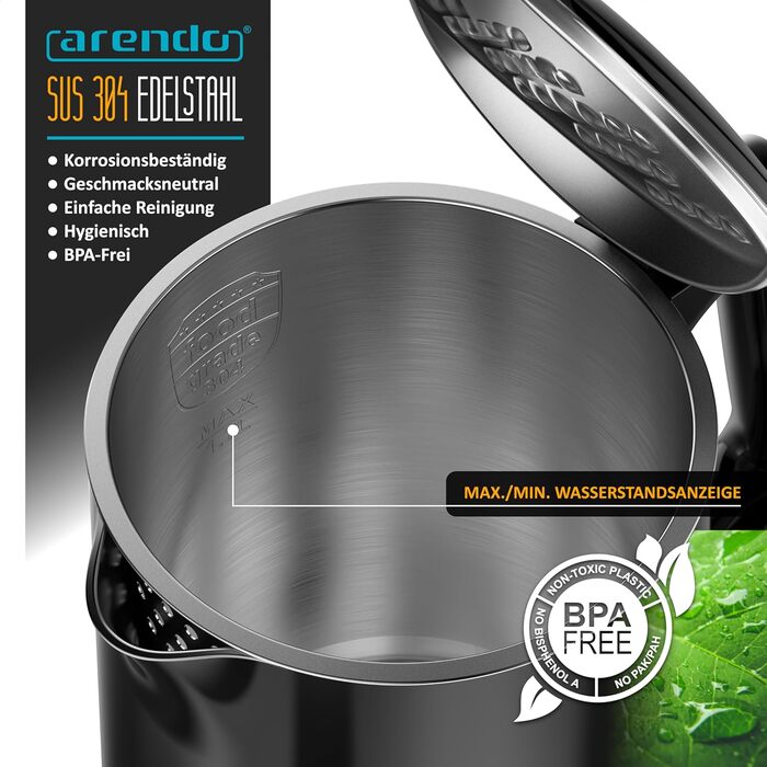 Електричний чайник Arendo з регулюванням температури, нержавіюча сталь, подвійні стінки Cool Touch, дисплей, бездротовий, 2200 Вт, 1,7 л, захист від перегріву, функція підтримки тепла, чорний
