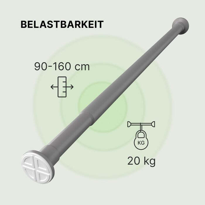 Штанга для карнизів без свердління, Ø 25 мм - телескопічна штанга для штори, душова штанга, кріпиться без свердління, для вікон, перегородок, кухні (70-120 см, 90-160 см, сіра)