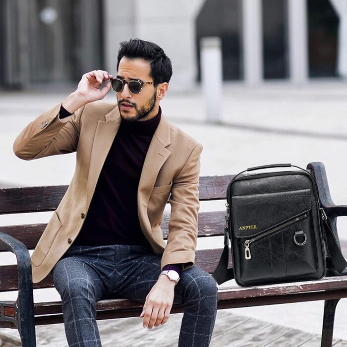 Чоловіча сумка на плече ANPTER з натуральної шкіри: стильна чоловіча сумка-месенджер, сумка через плече, кросбоді, вінтаж, чорна