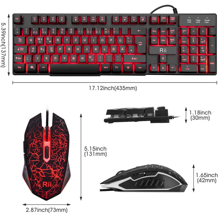 Rii Комплект клавіатури та миші для геймінгу та офісу, RGB підсвічування, сумісний з ПК (DE-розкладка, чорний)