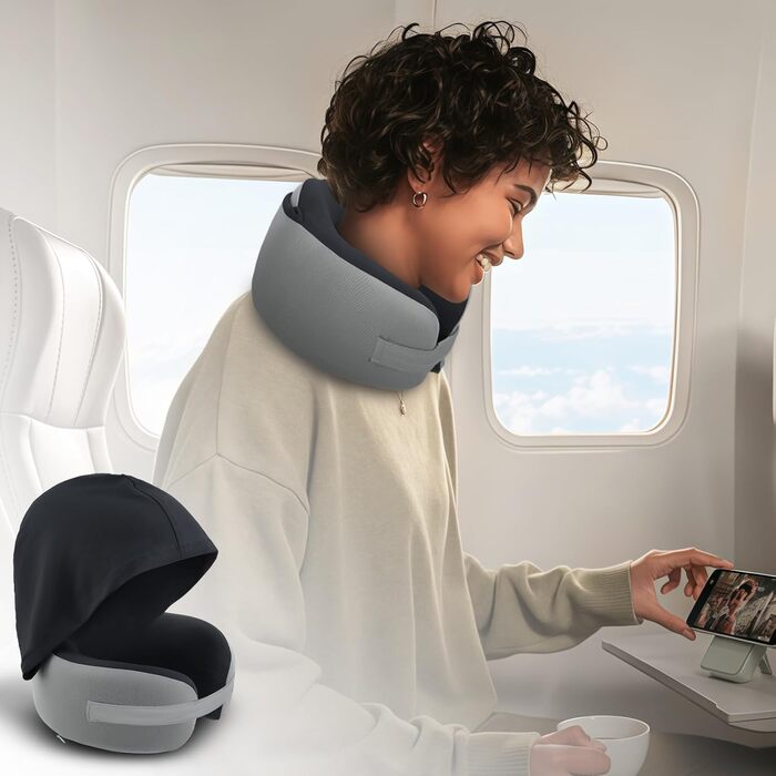 Подушка для шиї у літак з капюшоном, Memory Foam, сіра. Подушка для подорожей, авто, дорослих. З навушниками.