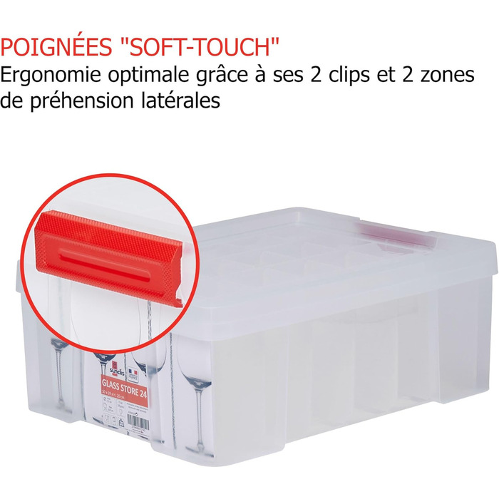 SUNDIS Glass Store, 27L Storage Box with Snap-on Lid, with 24 Compartments for Storing Stemware, Clear Plastic, Reinforced, Stackable