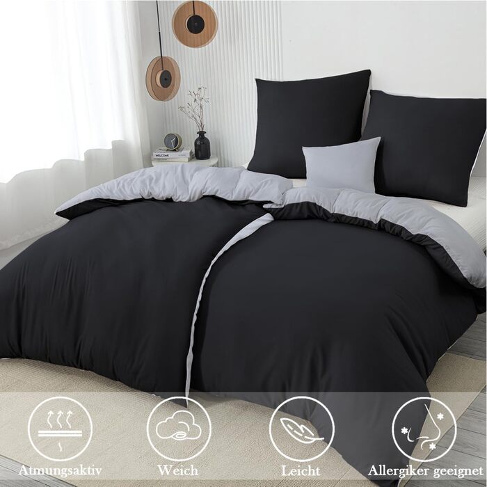 Комплект постільної білизни 135x200 4 частини з мікрофібри, двостороння, чорний/сірий, з блискавкою (2x 135 x 200cm + 2x 80x80cm)