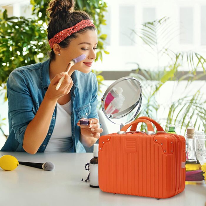 Waterproof Cosmetic Case Makeup Bag Lightweight Carry-on Beauty Case with Handle and Zipper, Women's Wear-resistant Hard Shell Travel Vanity Bag for Trip (Orange)