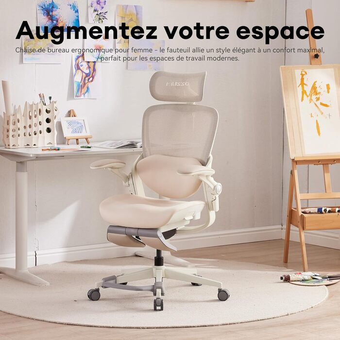 Ергономічне крісло для жінок MUSSO E80 Muse FemmePosture™ - регулювання на 135°, 3D-підтримка попереку, 17см 4D-підголівник, висувна підніжка, регулювання глибини/висоти сидіння, регульовані підлокітники (Бежевий)