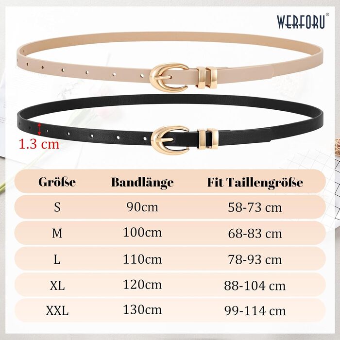 Жіночі шкіряні ремені WERFORU - 2 шт. Тонкі ремені з золотими/срібними пряжками для джинсів, штанів, суконь. Розміри 68-83 см та 99-114 см (чорний+бежевий)