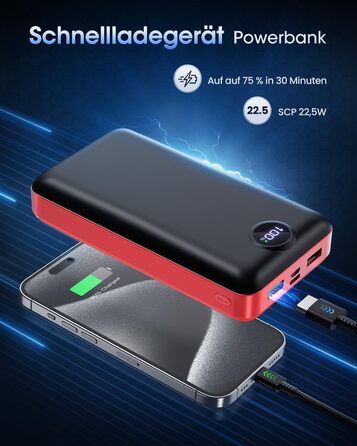 Power Bank 50000mAh з LED дисплеєм: Швидка зарядка 22.5W, 3 виходи USB-C, 2 входи, сумісний з iPhone, iPad, Android, червоний (XX-Large)