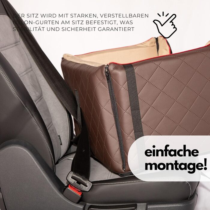 Автомобільний лежак для собак Golden Dog - безпечний транспортувальний бокс з ременями безпеки, 52x44x33 см, коричневий, з водонепроникної шкіри