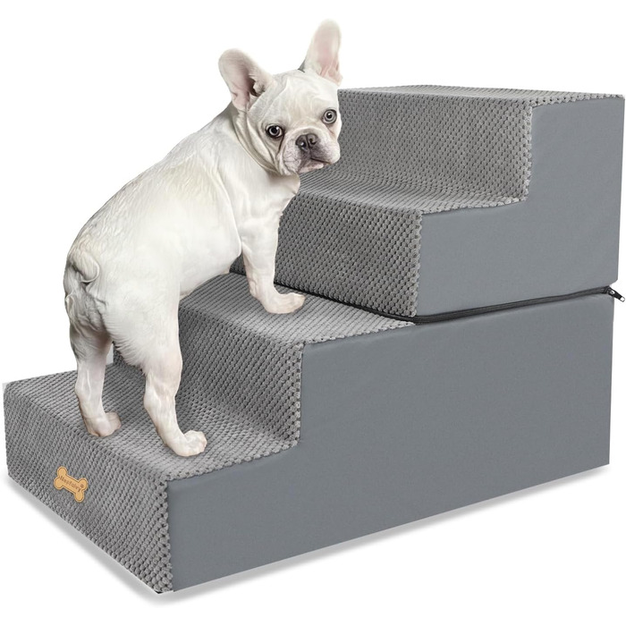 Non-slip Dog Stairs for Small Dogs 3-Step, Dog Stairs/Ramp for Bed and Sofa made of High-Density Foam, Pet Stairs with Removable, Washable Cover and Non-Slip Bottom, 45x40x34cm (4 Steps)