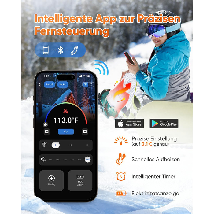 Гріючі шкарпетки з керуванням через додаток, 5000mAh, 5V, 3 режими нагріву, 360° нагрів, для жінок та чоловіків, для катання на лижах та полювання, середнього розміру