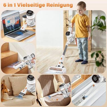 Бездротовий акумуляторний пилосос Tikom V500 450W, 6-в-1, білий. З контейнером 1.3л, для прибирання килимів, шерсті тварин та твердих поверхонь.