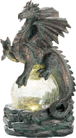 TERESA'S COLLECTIONS 22cm Garden Dragon Figurine with Solar Light, Garden Statue Solar Glass Balls Lighting Waterproof Bronze Resin Garden Figures for Outdoors, Lawn Gifts for Women