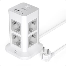 Розподільник розеток TESSAN з 8 розеток, 2 USB-C, захистом від перенапруги, 4 USB, вимикачем та кабелем 2м (сірий/білий)