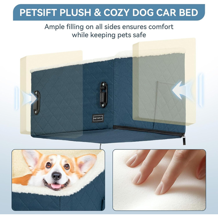 Автомобільний лежак для собак PETFIT, блакитний, до 12 кг, з підняттям 12.5 см, знятний чохол