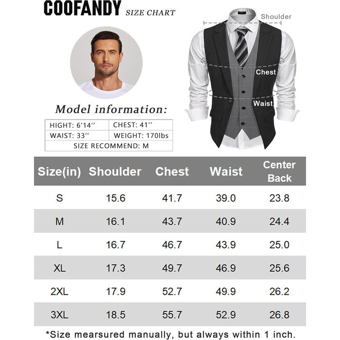 Жилет чоловічий COOFANDY стильний, в клітинку, Slim Fit, чорний - для весілля та ділових зустрічей